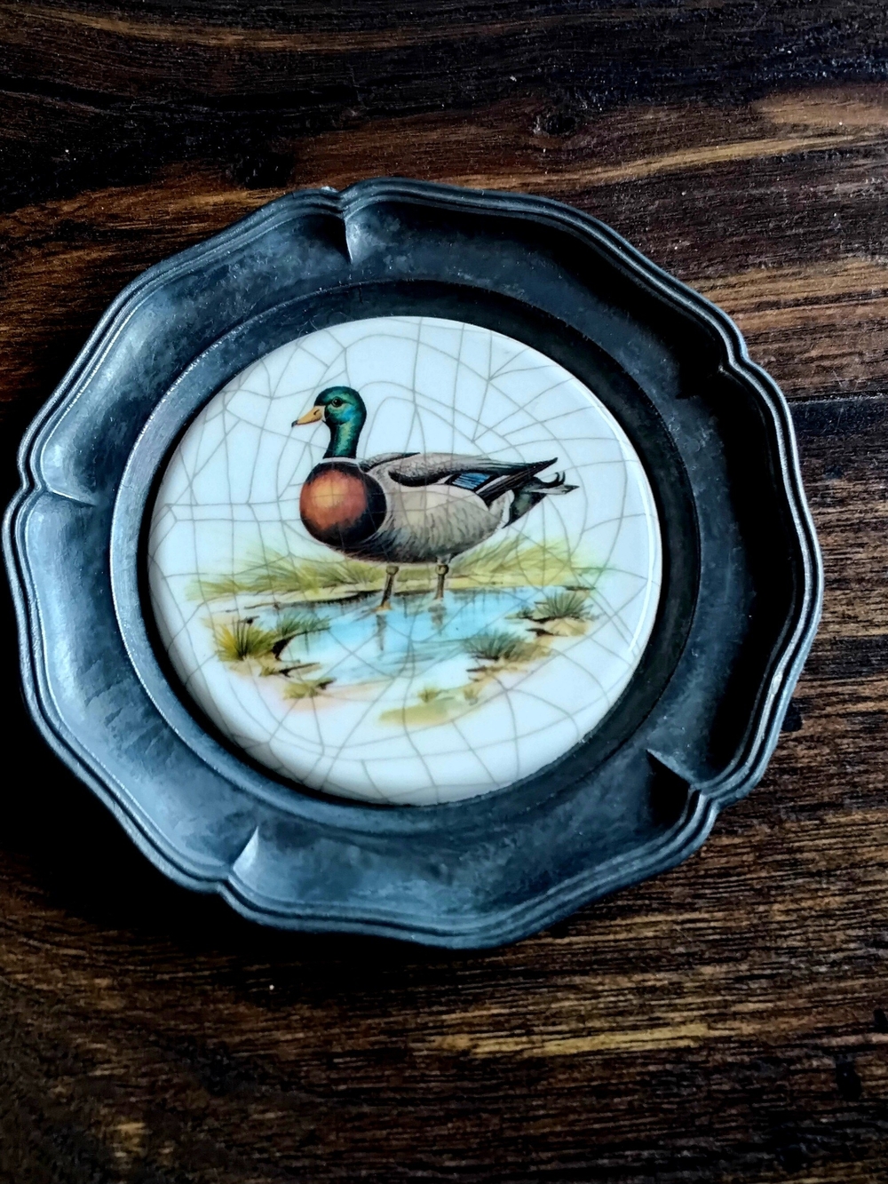 Pewter & Porcelain Mallard Duck Mini Plate Coaster Or Wall Hanging
